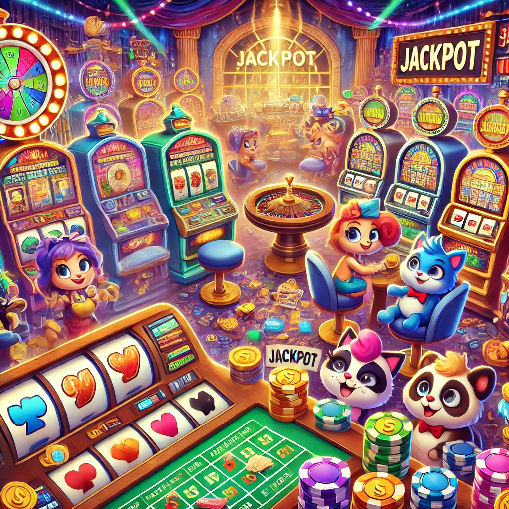 DALL·E 2024-12-17 18.56.31 - A lively cartoon-style casino scene featuring colorful slot machines, a roulette table, and cheerful characters, both human and anthropomorphic animal